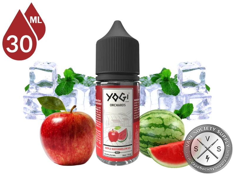 Apple Watermelon Ice by YOGI Orchards Salt 30ml bottle with a red apple, a watermelon, mint leaves and ice cubes