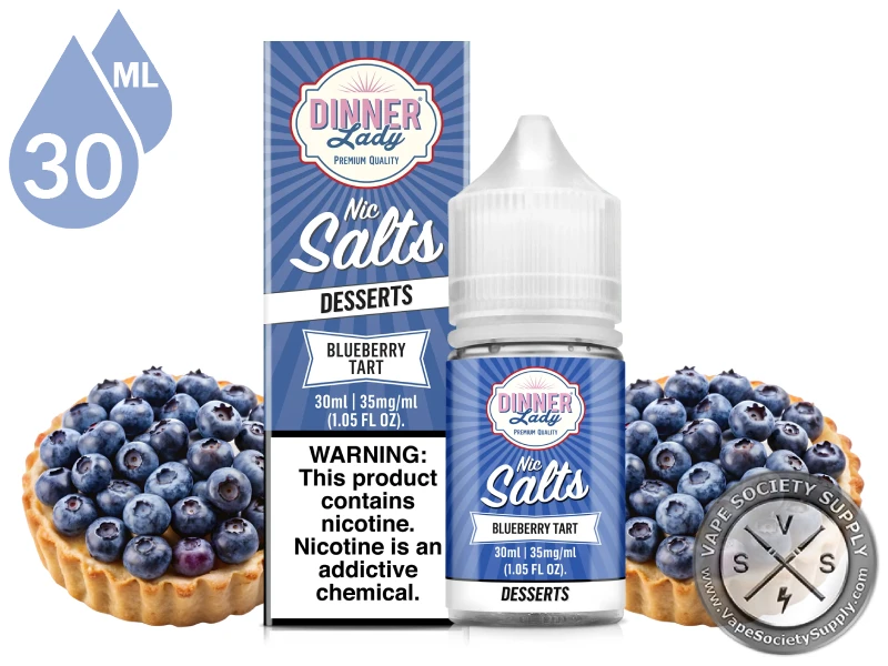 Blueberry Tart by Dinner Lady Salts 30ml bottle and box with blueberry tarts