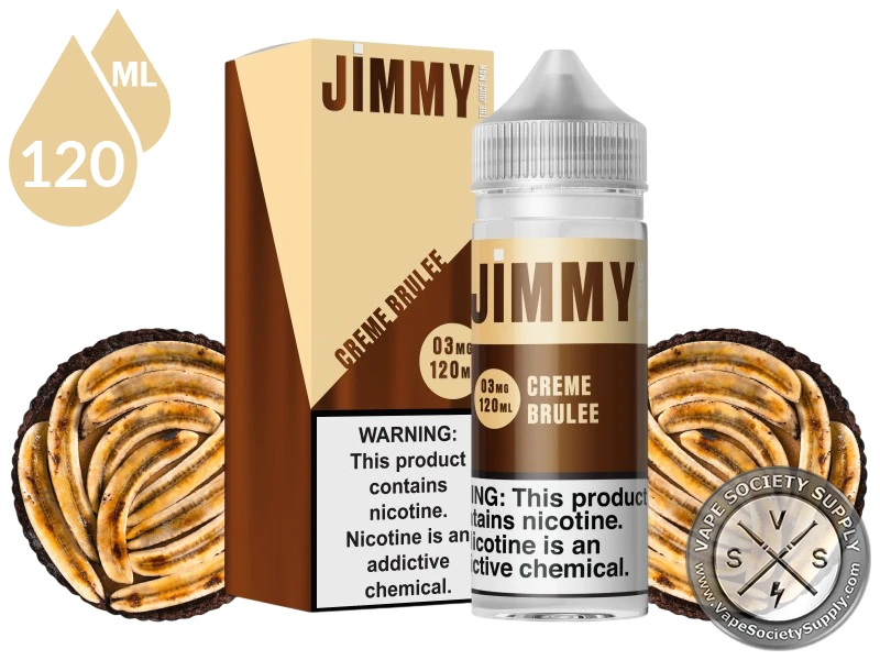Creme Brulee by Jimmy The Juice Man 120ml bottle and box with tarts topped with sliced bananas