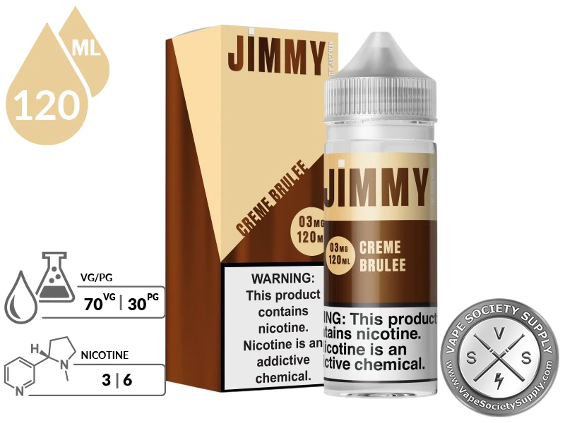 Creme Brulee by Jimmy The Juice Man 120ml bottle and box with a 70/30 VG/PG icon and nicotine strength icons