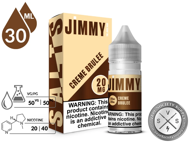 Creme Brulee by Jimmy The Juice Man Salts 30ml bottle and box with a 50/50 VG/PG icon and nicotine strength icons