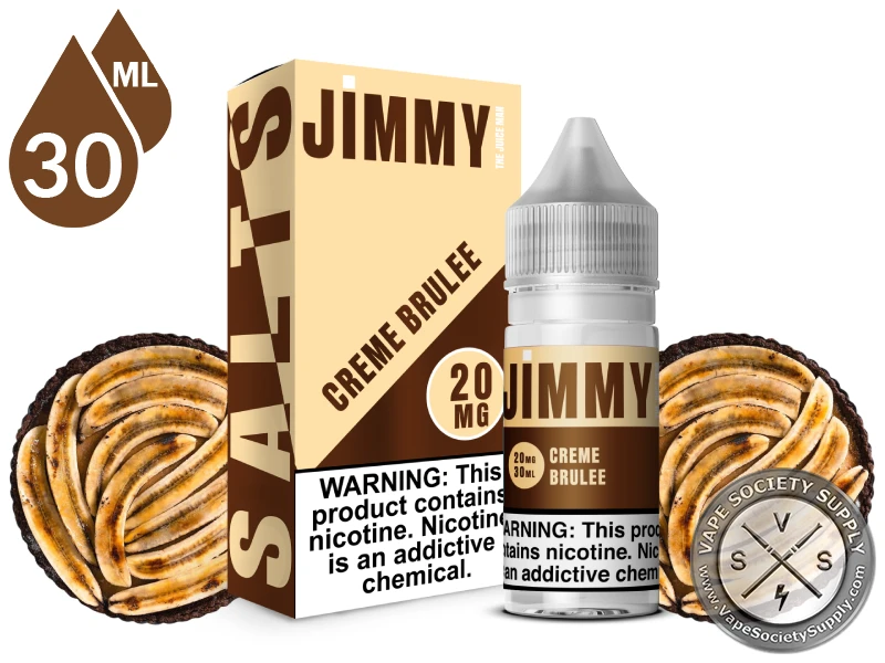Creme Brulee by Jimmy The Juice Man Salts 30ml bottle and box with tarts topped with sliced bananas