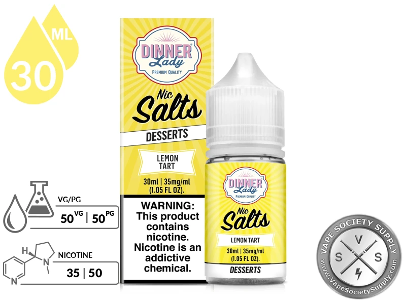Lemon Tart by Dinner Lady Salts 30ml bottle and box with a 50/50 VG/PG icon and nicotine strength icons