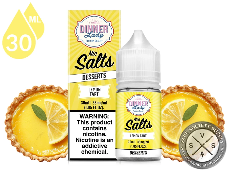 Lemon Tart by Dinner Lady Salts 30ml bottle and box with lemon tarts and lemon slices