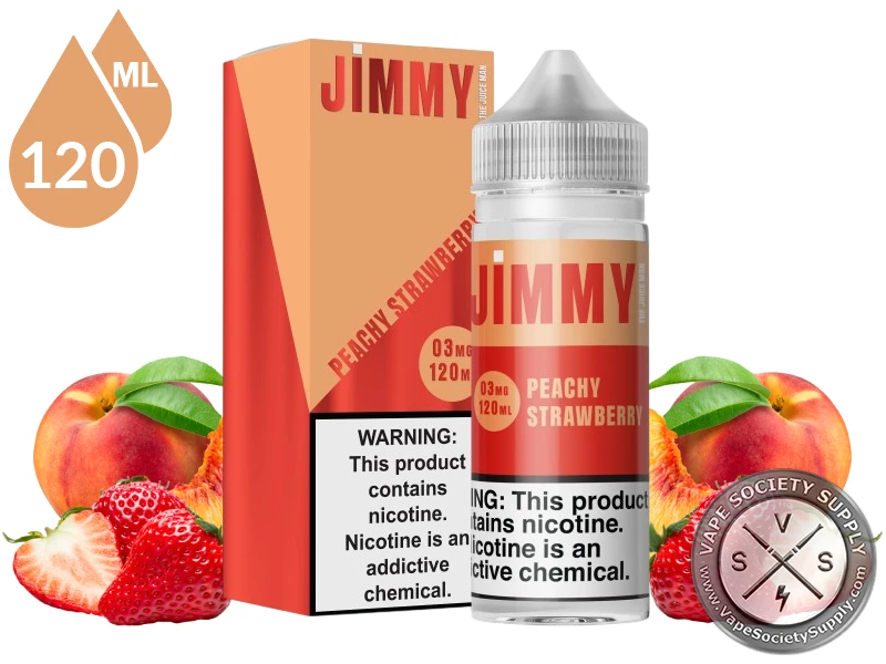 Peachy Strawberry by Jimmy The Juice Man 120ml bottle and box with peaches and strawberries