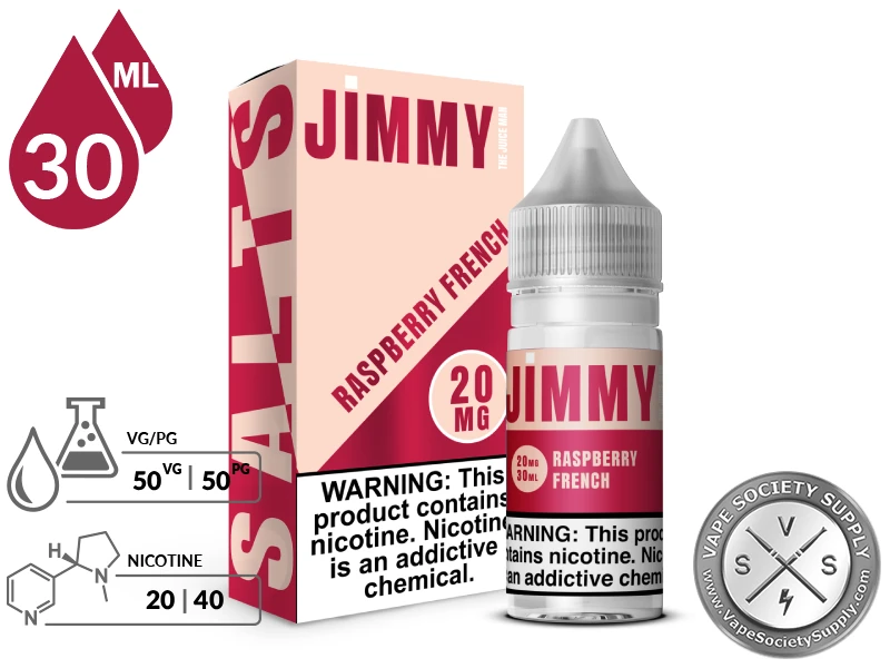 Raspberry French by Jimmy The Juice Man Salts 30ml bottle and box with a 50/50 VG/PG icon and nicotine strength icons