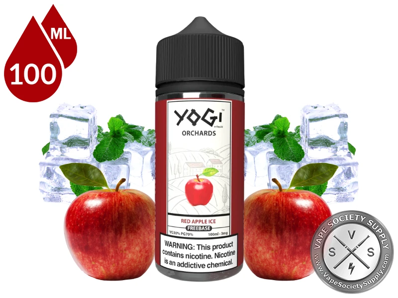 Red Apple Ice by YOGI Orchards 100ml bottle with red apples, mint leaves and ice cubes