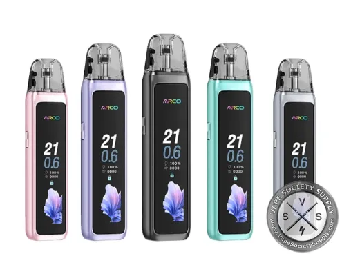Five SMOK ARCO Max pod systems in pale pink, pale purple, space grey, mineral green and silver
