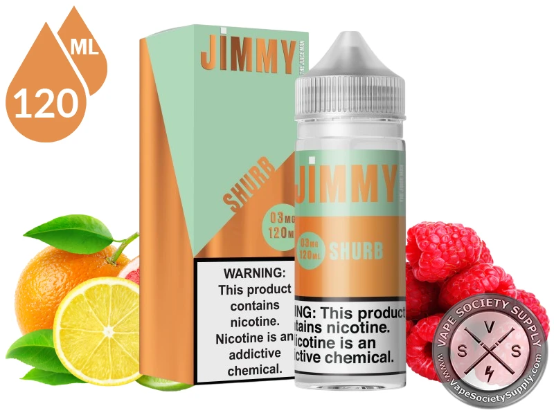 Shurb by Jimmy The Juice Man 120ml bottle and box with oranges, lemon slices and raspberries
