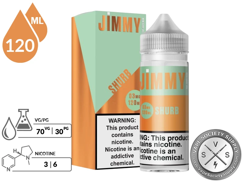 Shurb by Jimmy The Juice Man 120ml bottle and box with a 70/30 VG/PG icon and nicotine strength icons