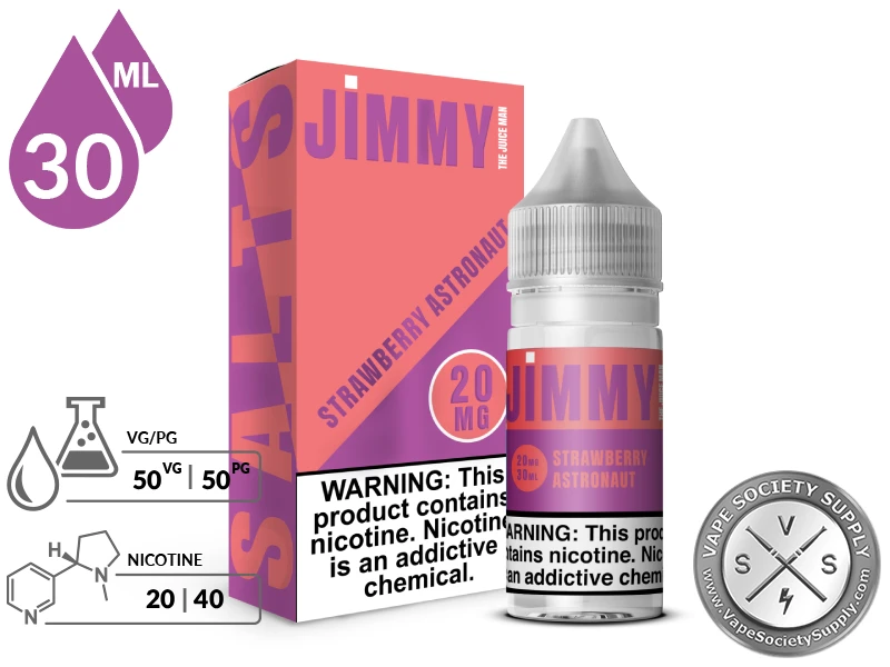 Strawberry Astronaut by Jimmy The Juice Man Salts 30ml bottle and box with a 50/50 VG/PG icon and nicotine strength icons