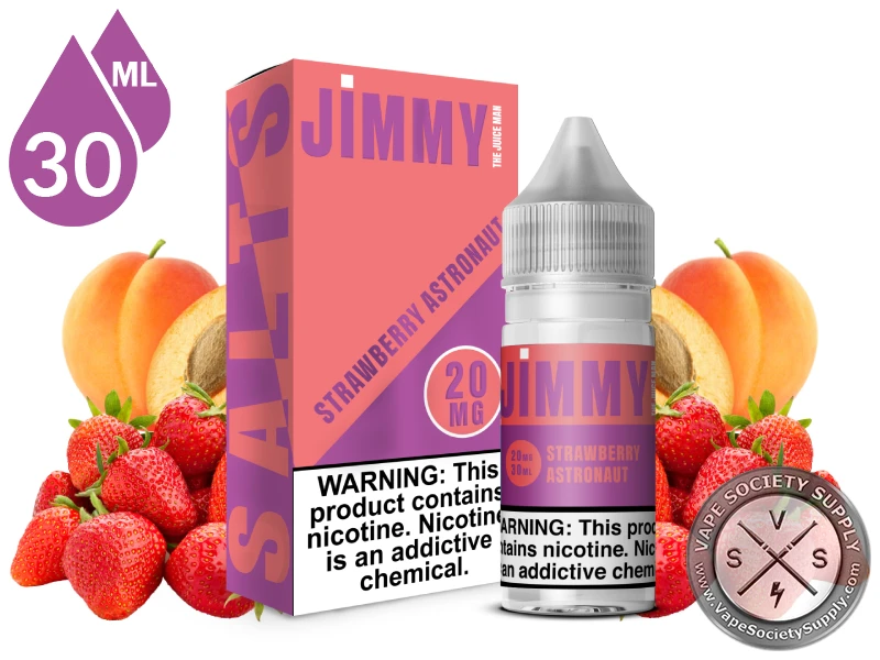 Strawberry Astronaut by Jimmy The Juice Man Salts 30ml bottle and box with apricots and strawberries