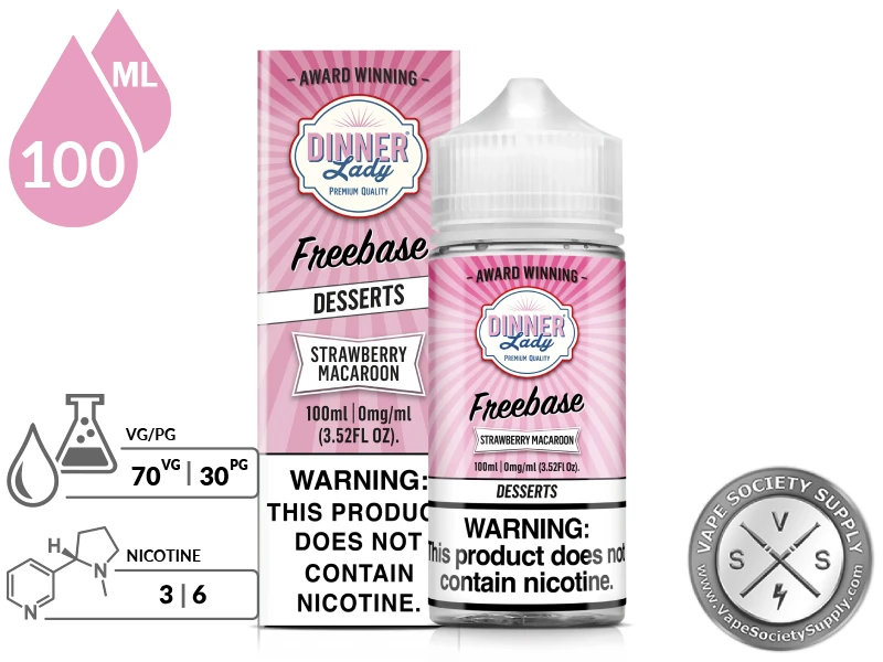Strawberry Macaroon by Dinner Lady 100ml bottle and box with a 70/30 VG/PG icon and nicotine strength icons