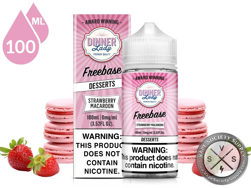 Strawberry Macaroon by Dinner Lady 100ml bottle and box with pink macarons and strawberries