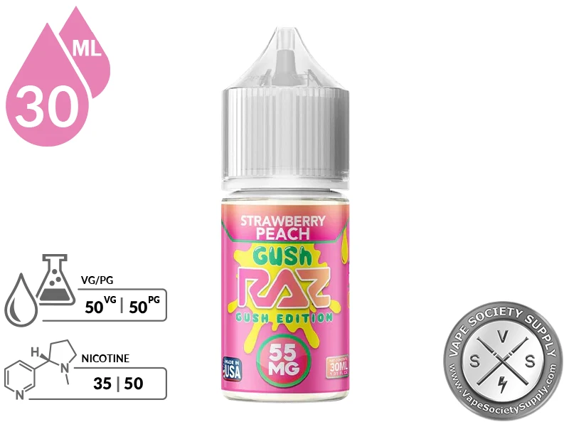Strawberry Peach Gush Pod Juice x RAZ Salt 30ml bottle with a 50/50 VG/PG icon and nicotine strength icons