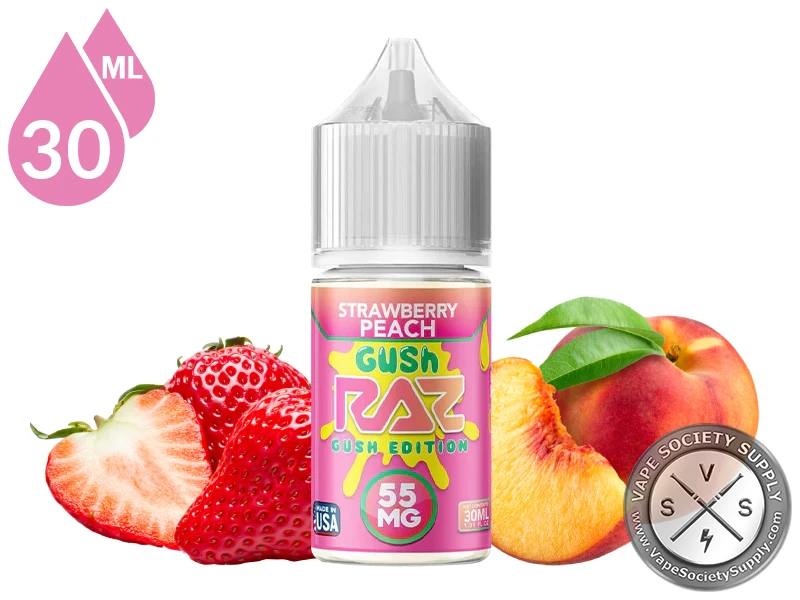 Strawberry Peach Gush Pod Juice x RAZ Salt 30ml bottle with a strawberry and a peach