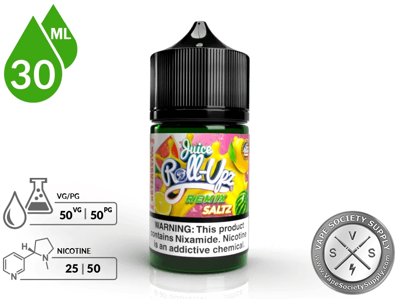 Watermelon Lemonade by Juice Roll Upz Remix Saltz 30ml bottle with a 50/50 VG/PG icon and strength icons