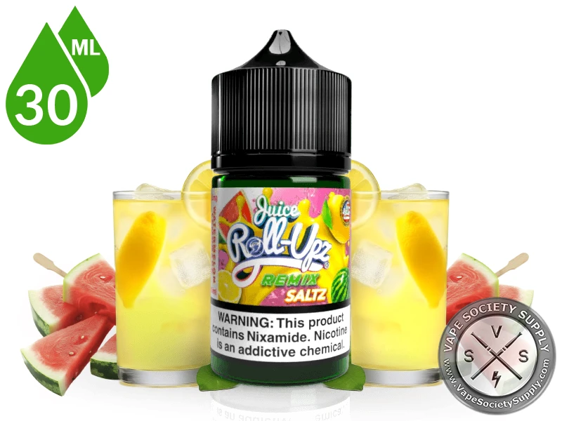 Watermelon Lemonade by Juice Roll Upz Remix Saltz 30ml bottle with watermelon slices and glasses of lemonade