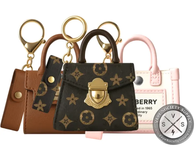 Three Smyle Pursejamin purse-shaped 510 batteries in brown, dark brown with a floral pattern, and pink and cream