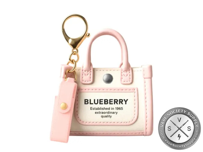 Pink and cream Smyle Pursejamin mini tote printed Blueberry, with a gold keyring