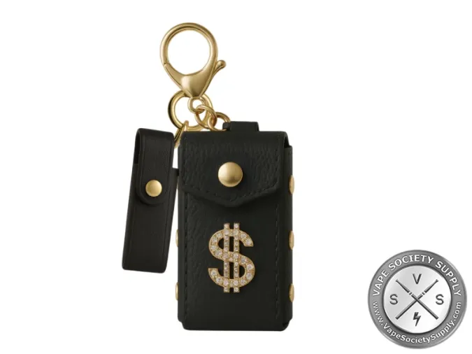 Black Smyle Pursejamin clutch with a sparkly dollar sign and a gold keyring