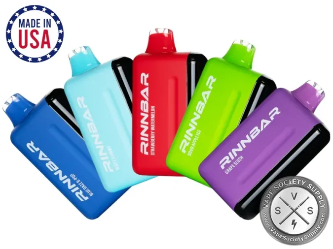 Five RINNBAR 50K disposable vapes fanned out in blue, light blue, red, green and purple, with a MADE IN USA badge