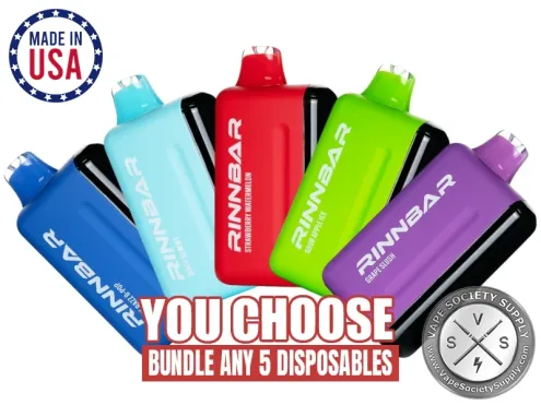 [5-Pack] RINNBAR 50K Disposable Bundle: five RINNBAR 50K disposable vapes in blue, light blue, red, green and purple with a You Choose, Bundle Any 5 Disposables banner and a USA flag badge