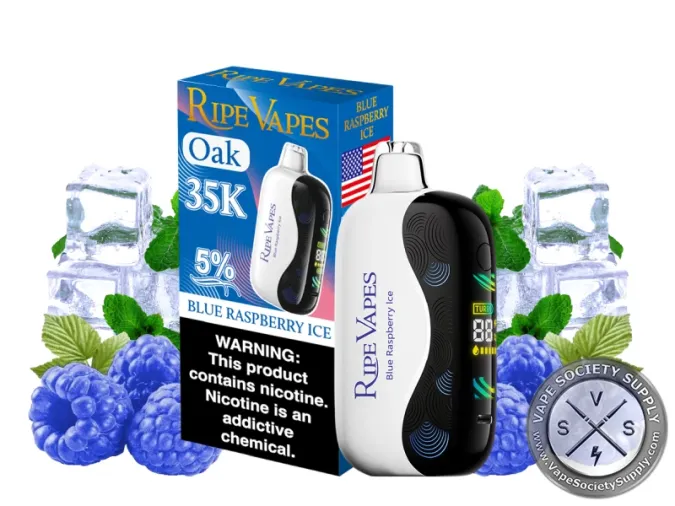 Ripe Vapes Oak 35K Blue Raspberry Ice disposable vape in white with its blue box, next to blue raspberries, ice cubes and mint leaves