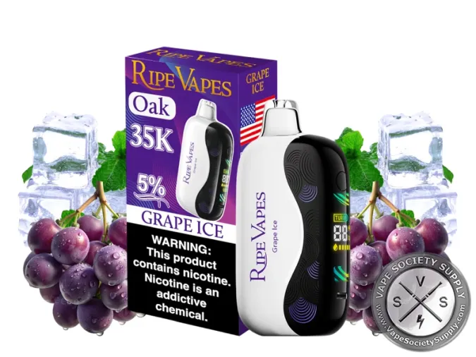 Ripe Vapes Oak 35K Grape Ice disposable vape in white with its purple box, next to grapes, ice cubes and mint leaves