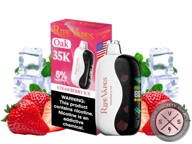 Ripe Vapes Oak 35K Strawberry Ice disposable vape in white with its pink box, next to strawberries, ice cubes and mint leaves