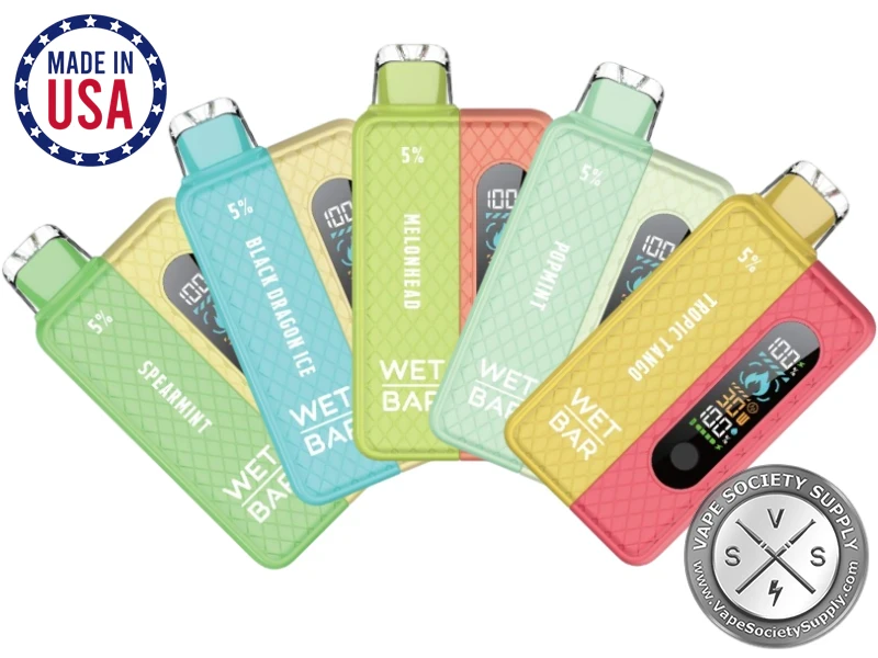 Five Wet Bar 35K Vape Kits fanned out, each a pod on a battery base, in green, light blue, lime, mint and yellow, with a MADE IN USA badge
