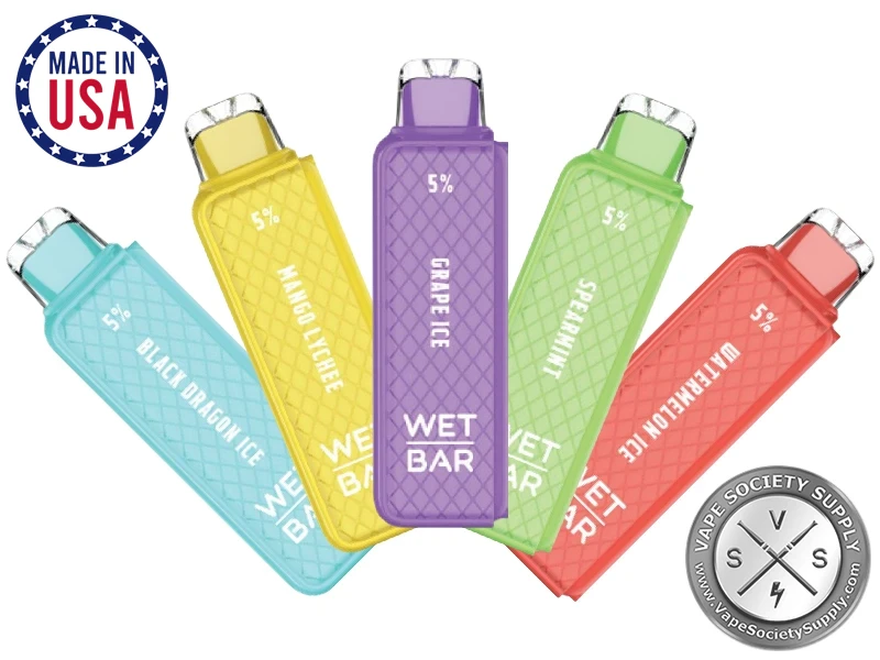 Five Wet Bar 35K Vape Pods fanned out in light blue, yellow, purple, green and red, with a MADE IN USA badge