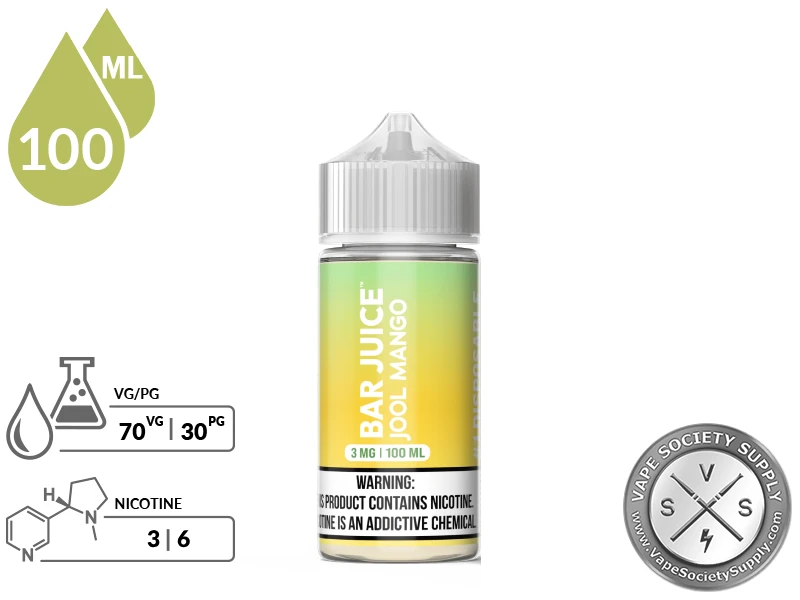 Jool Mango by Bar Juice 100ml bottle with a 70/30 VG/PG icon and nicotine strength icons