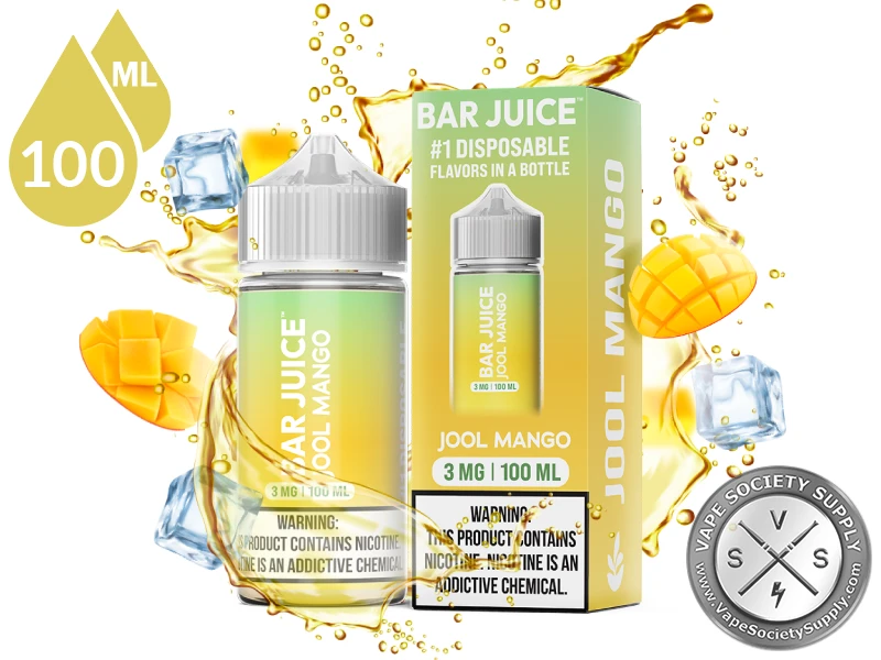 Jool Mango by Bar Juice 100ml bottle and box with mangoes and ice cubes