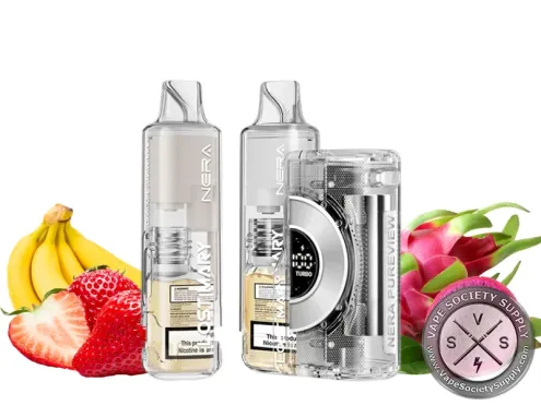 Lost Mary NERA Pureview Dragon Strawnana kit with a clear pod and refill container, next to bananas, strawberries and dragon fruit