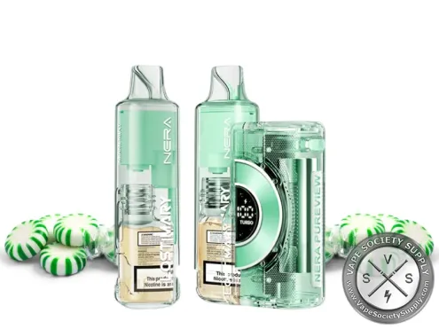 Lost Mary NERA Pureview Miami Mint kit with a green pod and refill container, next to green and white striped mint candies