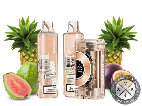 Lost Mary NERA Pureview Pineapple Passion Orange kit with a peach pod and refill container, next to pineapples, a guava and passion fruit