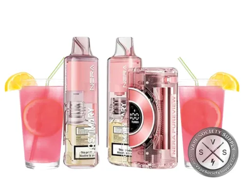 Lost Mary NERA Pureview Pink Lemonade kit with a pink pod and refill container, next to glasses of pink lemonade