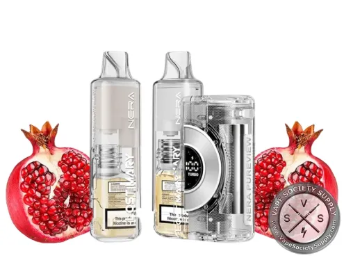 Lost Mary NERA Pureview Pomegranate Blast kit with a clear pod and refill container, next to pomegranates