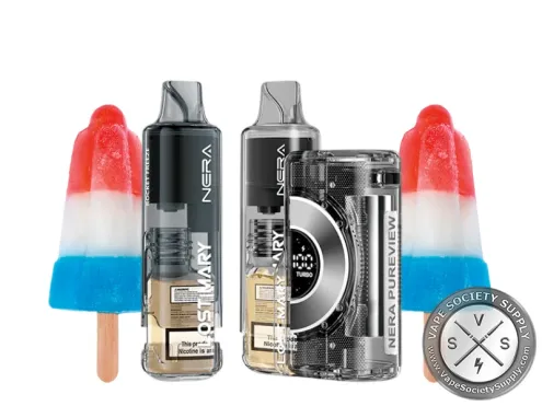 Lost Mary NERA Pureview Rocket Freeze kit with a black pod and refill container, next to red, white and blue ice pops