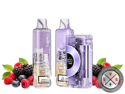 Lost Mary NERA Pureview Scary Berry kit with a purple pod and refill container, next to mixed berries