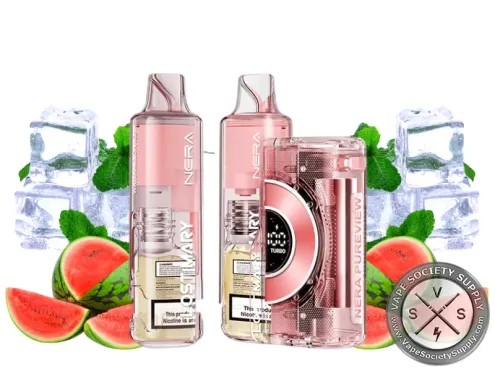Lost Mary NERA Pureview Watermelon Ice kit with a pink pod and refill container, next to watermelon, ice cubes and mint leaves