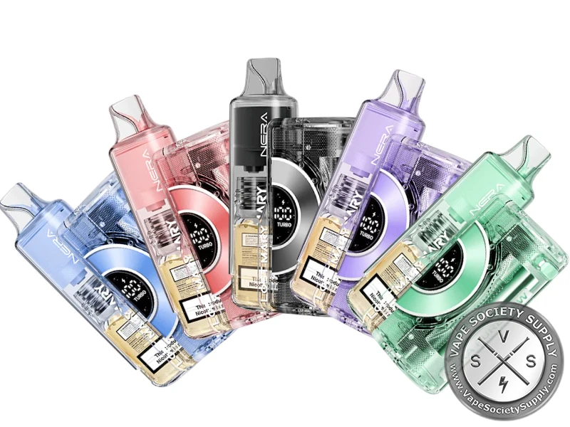 Five Lost Mary NERA Pureview kits with clear bodies and colored pods