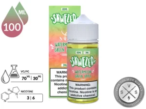 Watermelon Green Apple by Skwezed 100ml bottle and box with a 70/30 VG/PG icon and nicotine strength icons