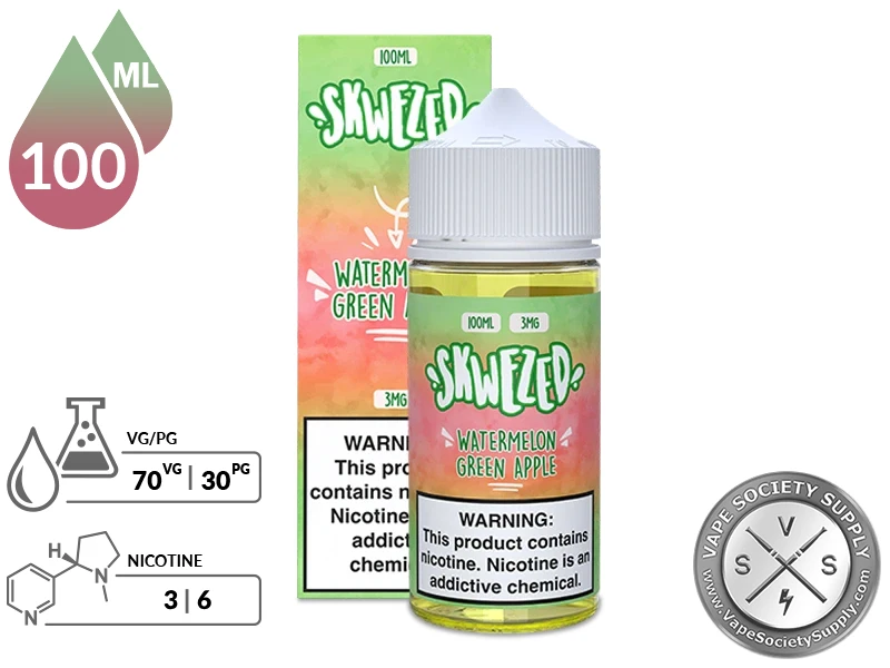 Watermelon Green Apple by Skwezed 100ml bottle and box with a 70/30 VG/PG icon and nicotine strength icons