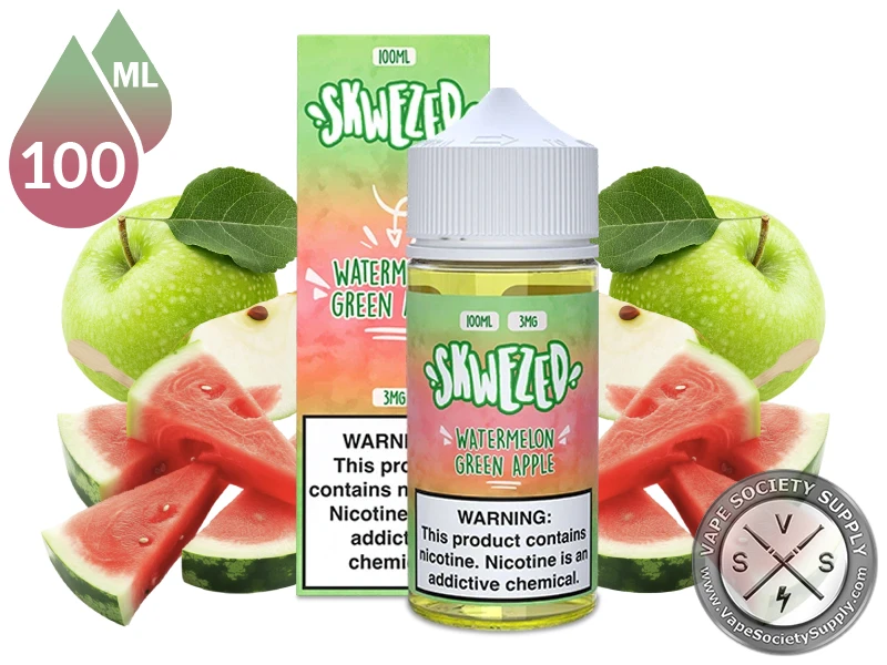 Watermelon Green Apple by Skwezed 100ml bottle and box with green apples and watermelon slices
