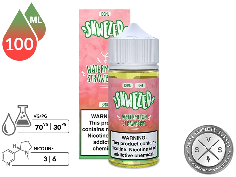Watermelon Strawberry by Skwezed 100ml bottle and box with a 70/30 VG/PG icon and nicotine strength icons