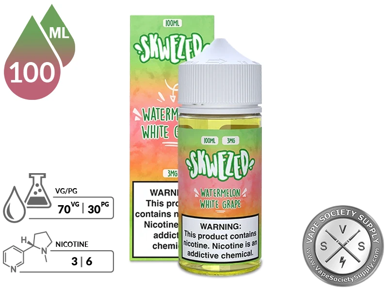 Watermelon White Grape by Skwezed 100ml bottle and box with a 70/30 VG/PG icon and nicotine strength icons