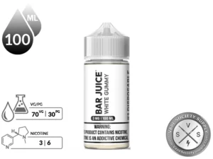 White Gummy by Bar Juice 100ml bottle with a 70/30 VG/PG icon and nicotine strength icons