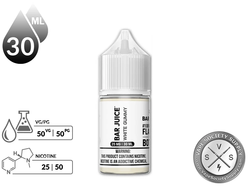 White Gummy by Bar Juice Salt 30ml bottle with a 50/50 VG/PG icon and nicotine strength icons